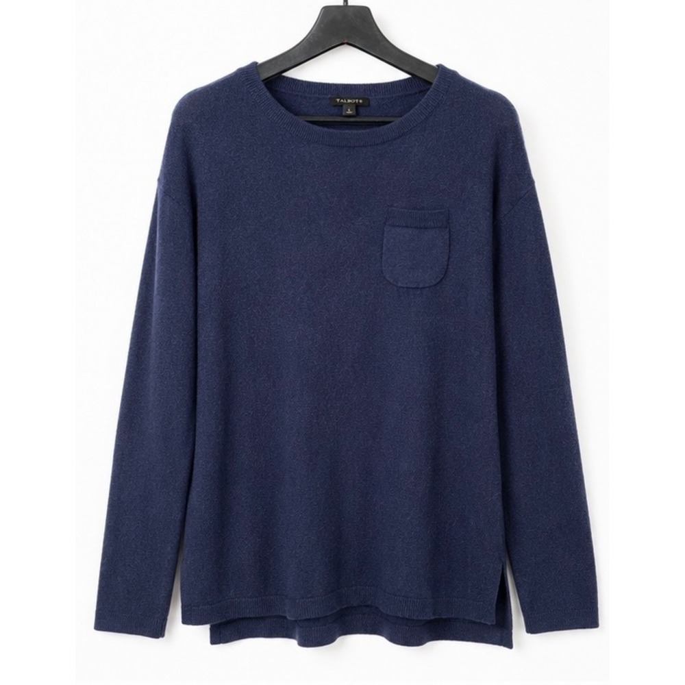 Talbots Womens Navy Blue Lambswool Blend Pocket Crewneck Sweater Size L